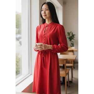 Vintage Halmode Petites Pink Mock Neck Pintuck Midi Dress Long Sleeve Size 16P